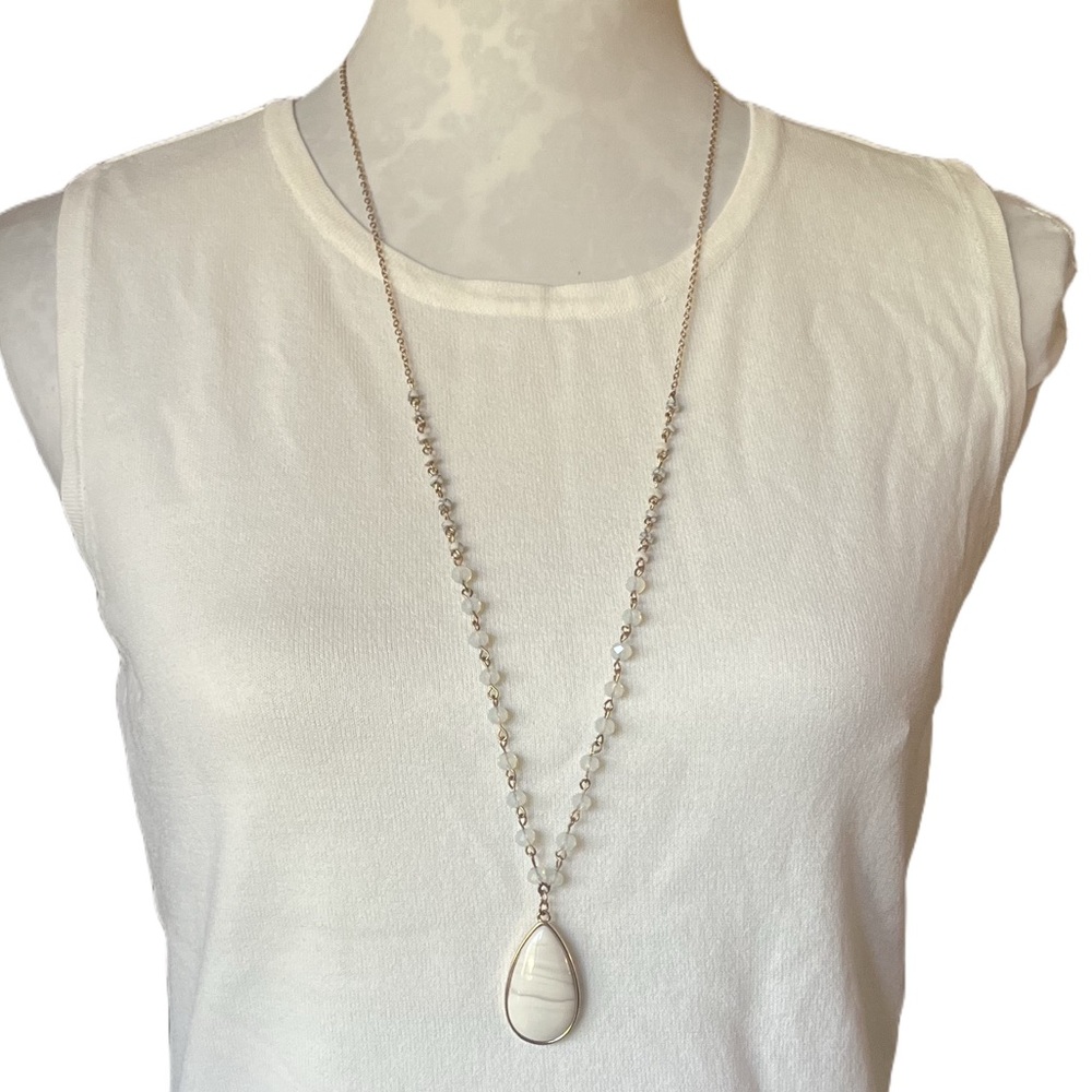 Long Beaded Necklace with White Teardrop Pendant
